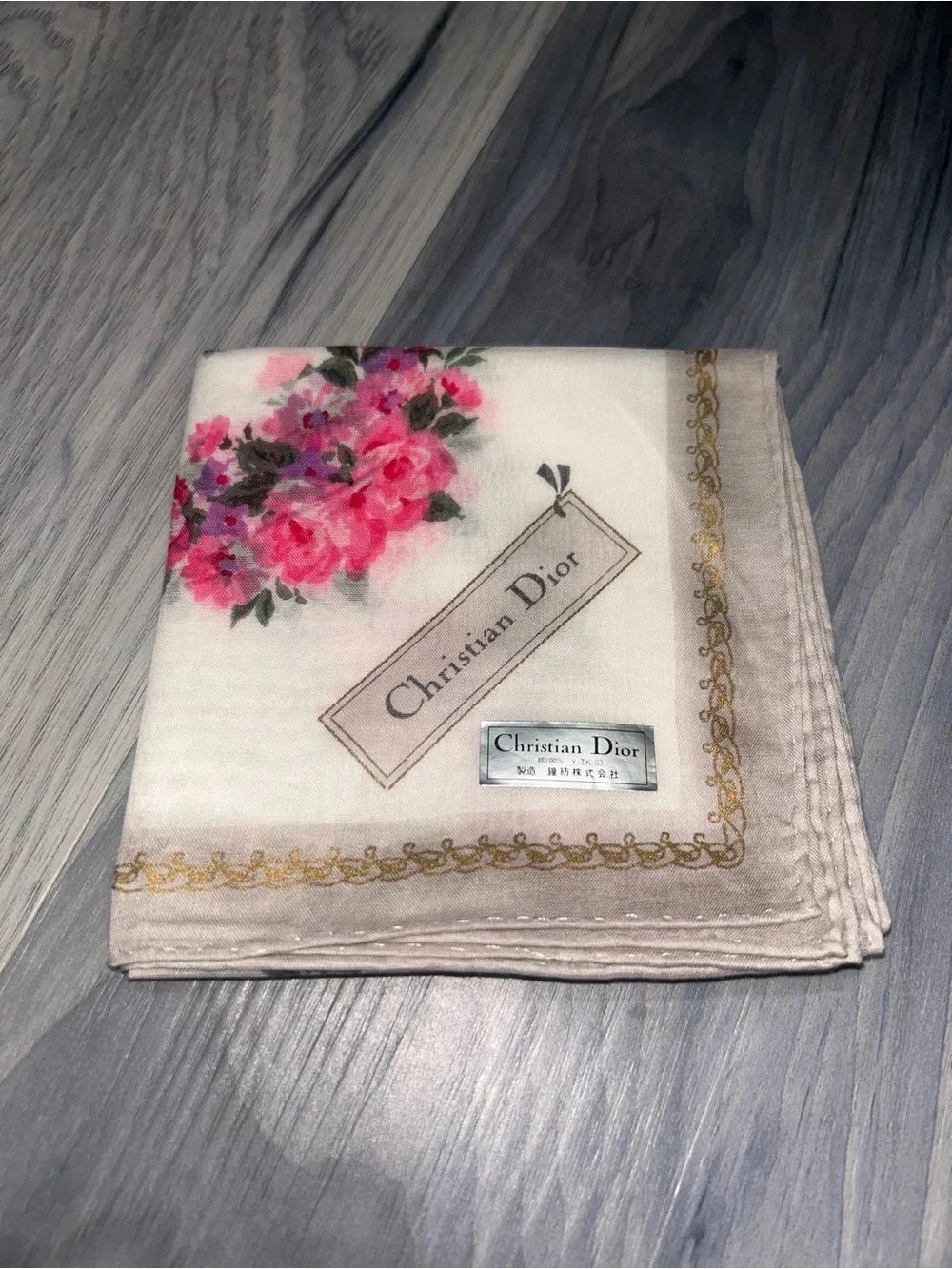 Vintage Christian Dior Pink Floral Cotton Handkerchief